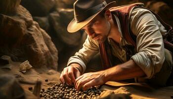 Photo of a man holding coffee beans and wearing a stylish hat AI Generated