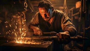 Photo of a man working on a piece of metal in a workshop AI Generated