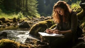 Photo of a woman sitting on a rock, deeply engrossed in writing in her notebook AI Generated