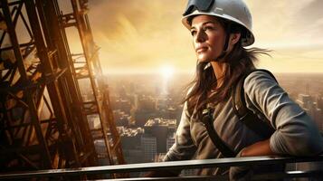 A confident woman wearing a hard hat standing atop a towering building AI Generated photo