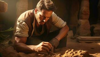 Photo of a man creating intricate sand sculptures on the beach AI Generated