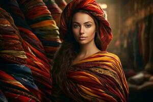 Photo of a woman wearing a vibrant red and yellow shawl AI Generated