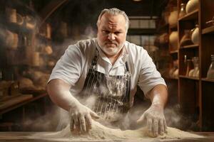 A man kneading flour in an apron AI Generated photo