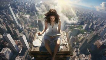 Photo of a woman engrossed in a book while sitting on a ledge AI Generated