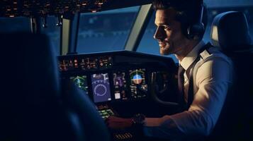 un hombre en el cabina de un avión ai generado foto