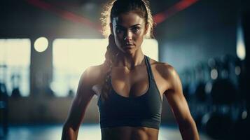 un mujer en un Deportes sostén parte superior hablando en un célula teléfono ai generado foto