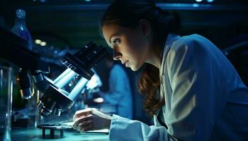 un mujer utilizando un microscopio en un laboratorio ai generado foto