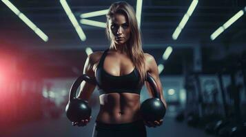 A woman in a sports bra top holding two kettles AI Generated photo