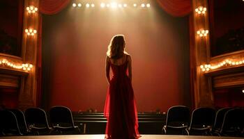 A woman in a red dress standing in front of a stage AI Generated photo