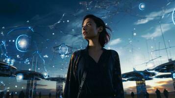 A woman standing in front of a futuristic city AI Generated photo