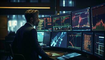 A man in a high-tech office surrounded by computer monitors AI Generated photo