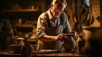A man working in a traditional pottery shop, crafting clay pots and ceramics AI Generated photo