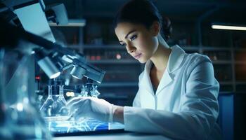 A female scientist using a tablet in a laboratory AI Generated photo