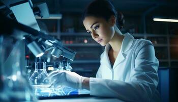 un hembra científico utilizando un tableta en un laboratorio ai generado foto