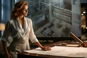 A woman standing in front of a desk with papers AI Generated photo