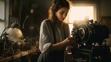 un mujer operando maquinaria en un taller ai generado foto