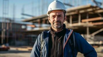 A construction worker in front of a building under construction AI Generated photo