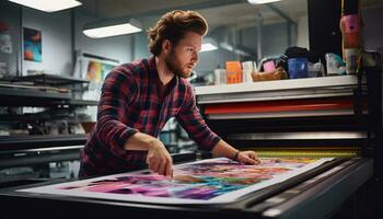 un hombre examinando un impreso imagen en un grande impresora ai generado foto