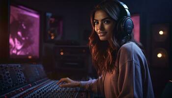 un mujer vistiendo auriculares en un grabación estudio ai generado foto