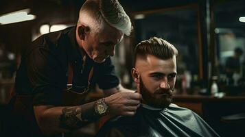 un hombre consiguiendo un Corte de pelo a un Barbero tienda ai generado foto