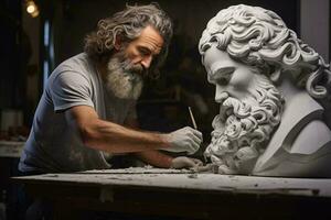 A sculptor creating a bearded male statue with precision and skill AI Generated photo