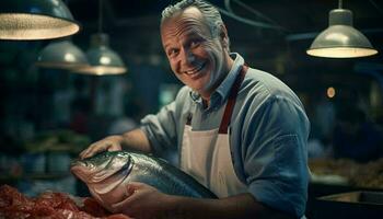 un hombre participación un pescado en un cocina ai generado foto