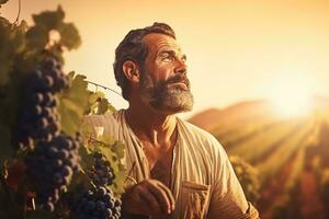 A man standing in front of a bunch of grapes AI Generated photo
