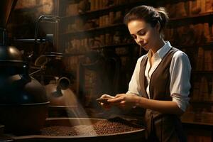 A woman using a cell phone while standing next to a pot AI Generated photo