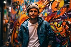 A man standing in front of a vibrant, colorful wall AI Generated photo