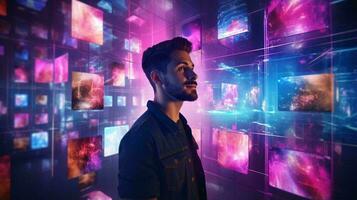 A man standing in front of a vibrant wall of colorful lights AI Generated photo