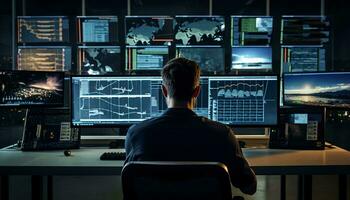 A man working at a desk with multiple computer monitors AI Generated photo