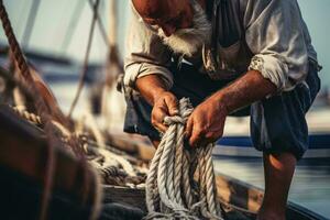 un hombre asegurando un cuerda en un barco ai generado foto