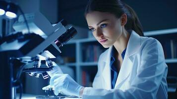 A female scientist conducting research with a microscope in a laboratory AI Generated photo