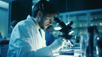 A scientist examining a sample under a microscope in a laboratory AI Generated photo