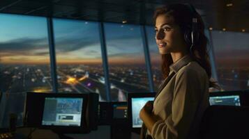 A woman wearing headphones in a control room AI Generated photo