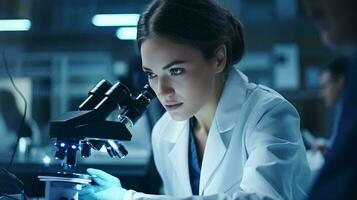 A female scientist examining a sample under a microscope in a laboratory AI Generated photo