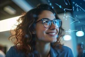 A smiling woman in glasses posing in front of a blackboard AI Generated photo