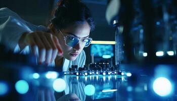 A woman wearing glasses studying an object on a table AI Generated photo