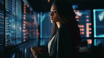 A woman immersed in a world of data, surrounded by a wall of information AI Generated photo