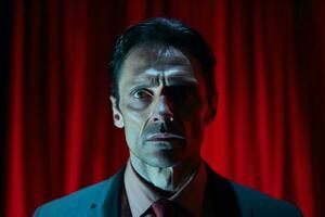 A businessman in formal attire posing in front of a vibrant red curtain AI Generated photo