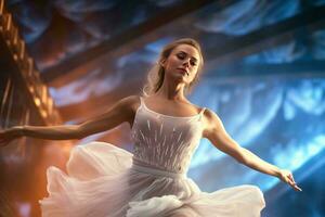 A woman gracefully dancing in a flowing white dress AI Generated photo