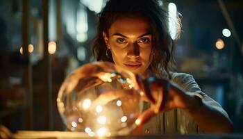 A woman holding a crystal ball with a mysterious gaze AI Generated photo