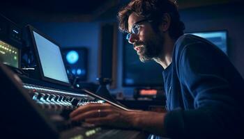 A man operating a mixing desk in a recording studio AI Generated photo