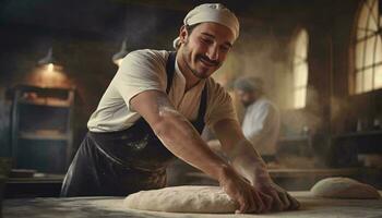 A man kneading dough on a table AI Generated photo