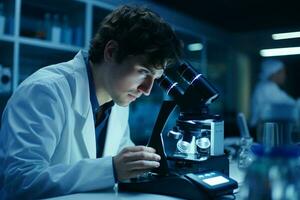 un científico examinando un muestra debajo un microscopio ai generado foto