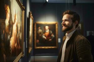 A man admiring a painting in a museum AI Generated photo