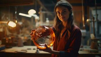 A woman holding a glass bowl in a dimly lit room AI Generated photo