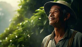 A man exploring nature with a hat and backpack amidst a beautiful forest AI Generated photo