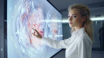 A woman pointing at a screen in a white shirt AI Generated photo