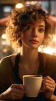 A woman with curly hair holding a coffee cup AI Generated photo